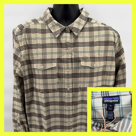 Patagonia Tops - Patagonia Women's Canyonite Flannel Shirt XL Plaid Tan Teal Performance Stretch